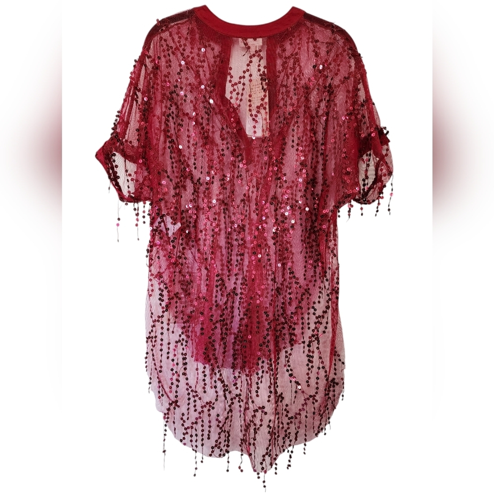 SOUTHERN FRIED CHICS red sequined top, hi-low hem, tunic, size L - Picture 5 of 7